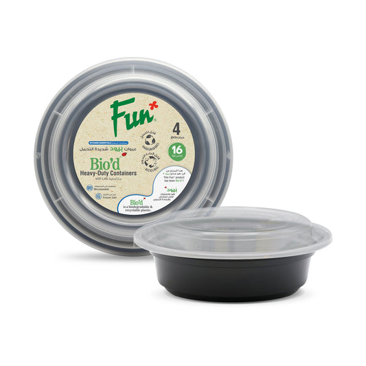 Fun® Bio’d Multipurpose Round Black Containers with Clear Lids 16oz [4pcs x 1pkt]