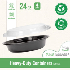 Fun Bio'd Black Round Containers 24oz with Clear Lids [4pcs x 1pkt]