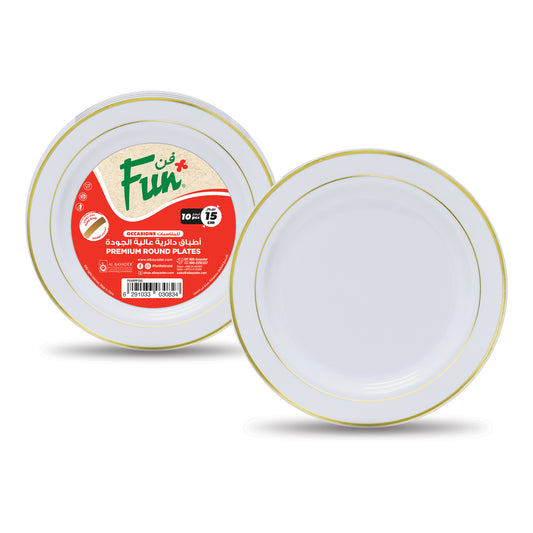 Fun® Premium Plastic White Round Plates with Gold ring 15cm [10pcs x 1pkt]