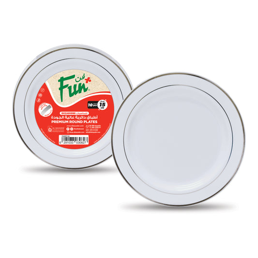 Fun® Premium Plastic White Round Plates with Silver ring 15cm [10pcs x 1pkt]