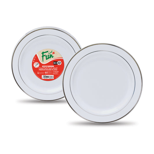 Fun® Premium Plastic White Round Plates with Silver ring 23cm [10pcs x 1pkt]