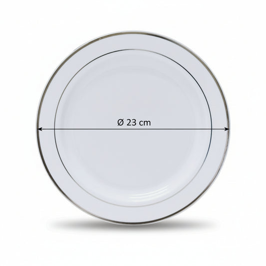 Fun Premium Plastic Round White Plates with Silver Ring Ø23cm [10pcs x 1pkt]