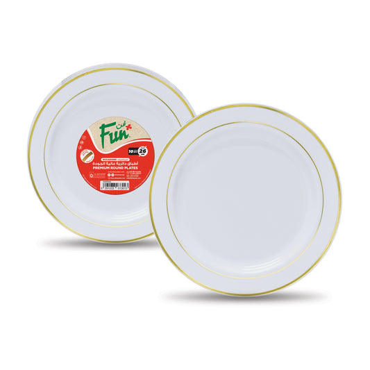 Fun® Premium White Round Plates 26cm with Gold Ring [10pcs x 1pkt]