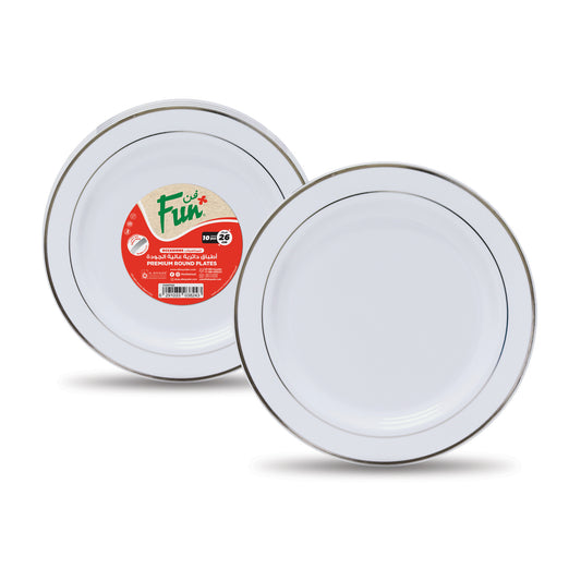 Fun® Premium Plastic White Round Plates with Silver ring 26cm [10pcs x 1pkt]