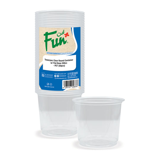 Fun® Plastic Multipurpose Round Clear Containers with Flat Bases 200cc [50pcs x 1pkt]
