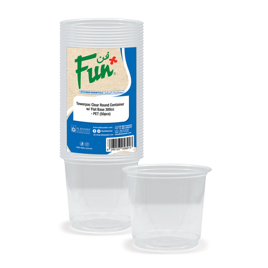 Fun® Plastic Multipurpose Round Clear Containers with Flat Bases 300cc [50pcs x 1pkt]
