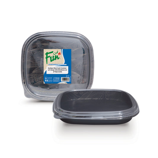 Fun® Plastic Black Sushi Containers with Clear Lids 320x320x50mm [10pcs x 1pkt]