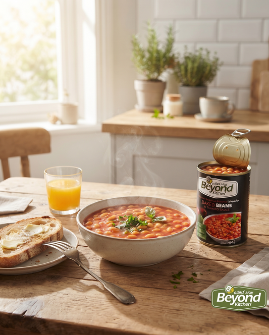 A bowl of Beyond Organic Red Beans with a can of Beyond Red Beans on a rustic wooden table, alongside a plate of toast with butter, an orange juice glass, and a kitchen background with plants and a white brick wall.