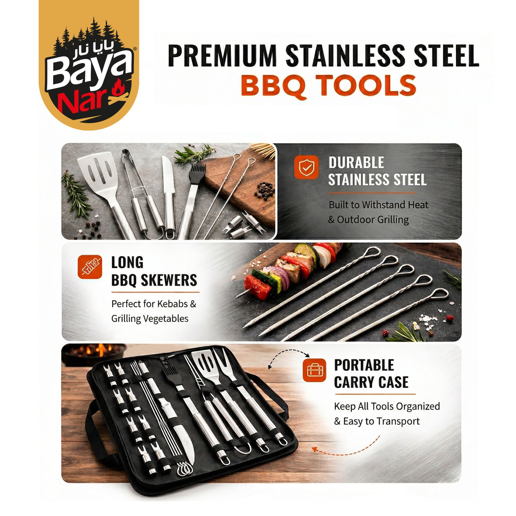 Baya Nar 18-Piece Stainless Steel BBQ Grill Tool Set with Carry Case 1 set