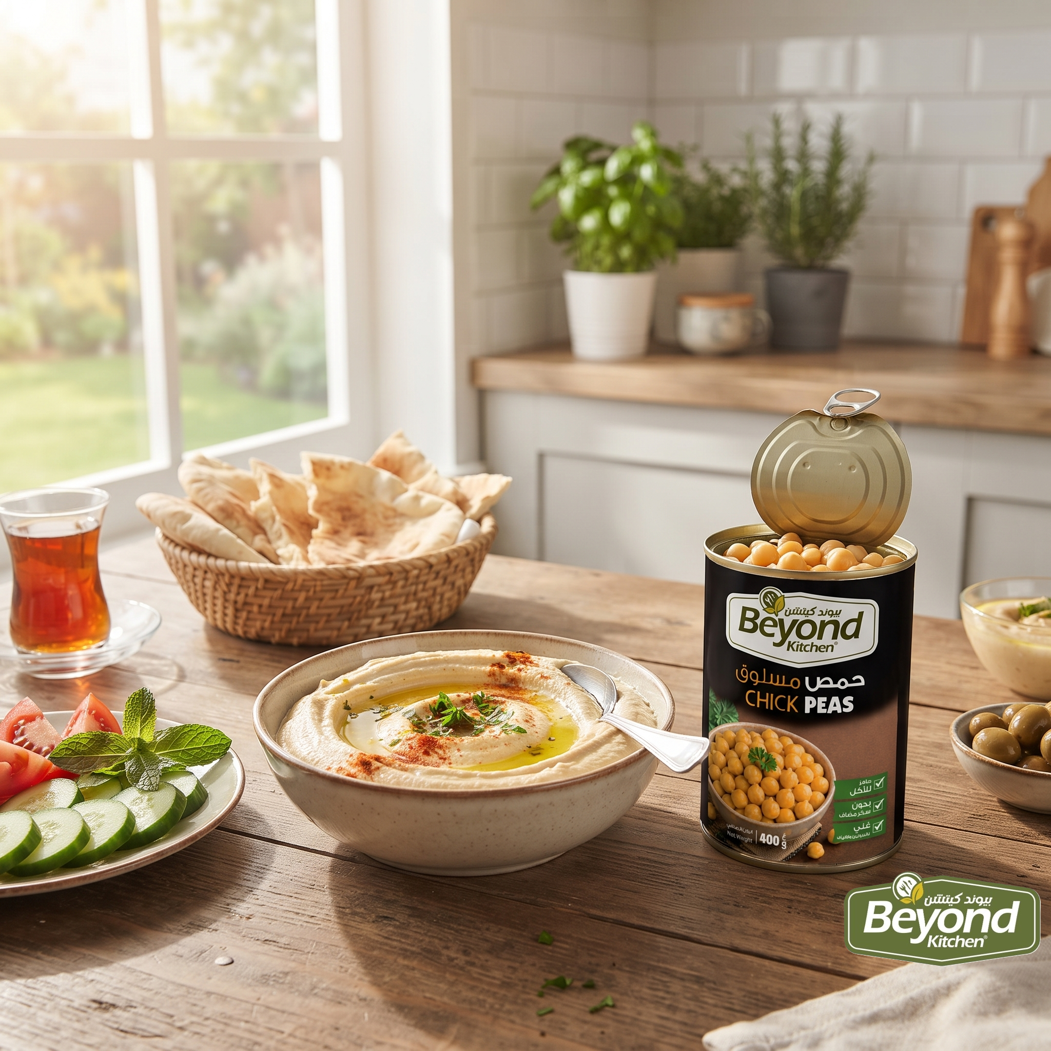 A can of Beyond Chick Peas is displayed on a wooden table next to a bowl of hummus, pita bread, and a fresh salad, with a bright kitchen in the background.