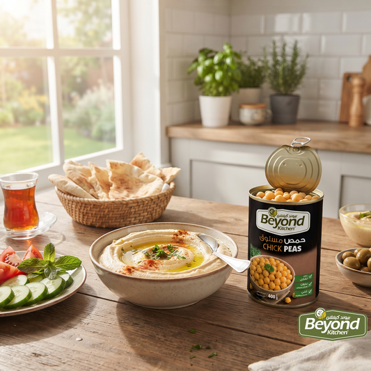 A can of Beyond Chick Peas is displayed on a wooden table next to a bowl of hummus, pita bread, and a fresh salad, with a bright kitchen in the background.