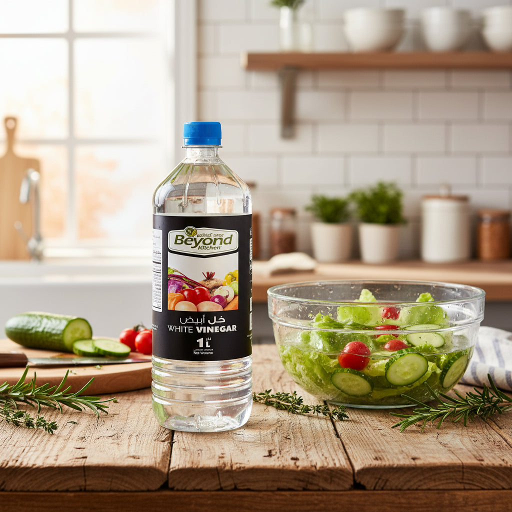 Bottle of Beyond Kitchen white vinegar on a white background