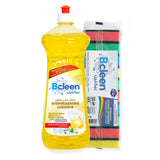 Bcleen Kitchen Bundle Lemon Dishwahing Liquid 1L with Sponge Scrubber 10 Pcs