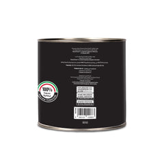 Black paint can with a label on a white background