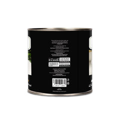 Black paint can with a label on a white background