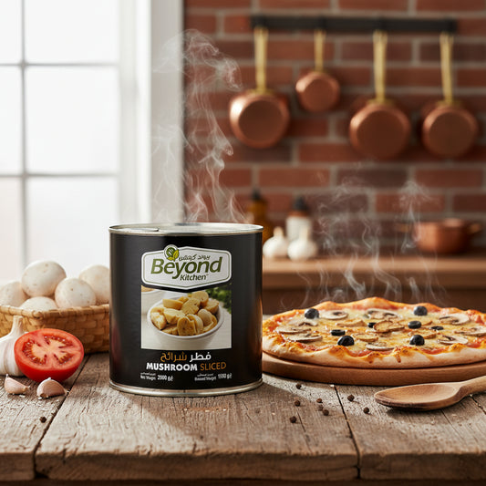Can of sliced mushrooms with 'Beyond Kitchen' label on a white background