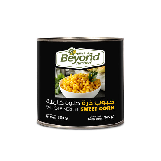 Can of Beyond Kitchen whole kernel sweet corn on a white background