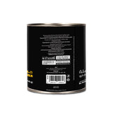 Black can with text and branding on a white background