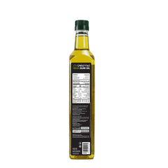 Bottle of olive oil with a label on a white background