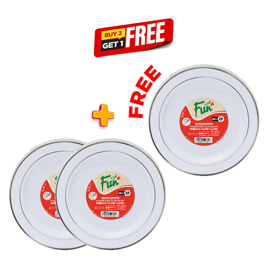 B2G1 Fun Premium Plastic Round White Plates with Silver Ring Ø26cm
