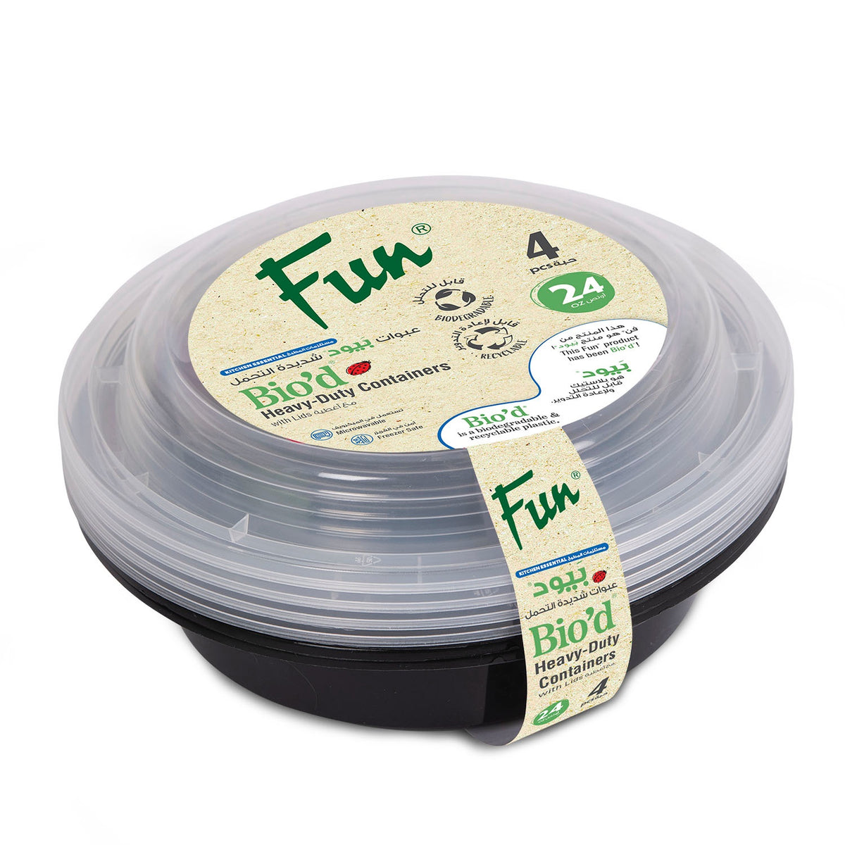 Fun Bio'd Black Round Containers 24oz with Clear Lids [4pcs x 1pkt]
