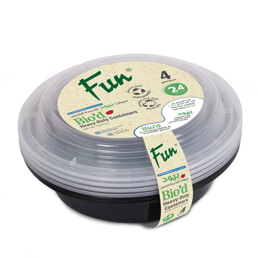 Fun® Bio'd Black Round Containers 24oz with Clear Lids [4pcs x 1pkt]