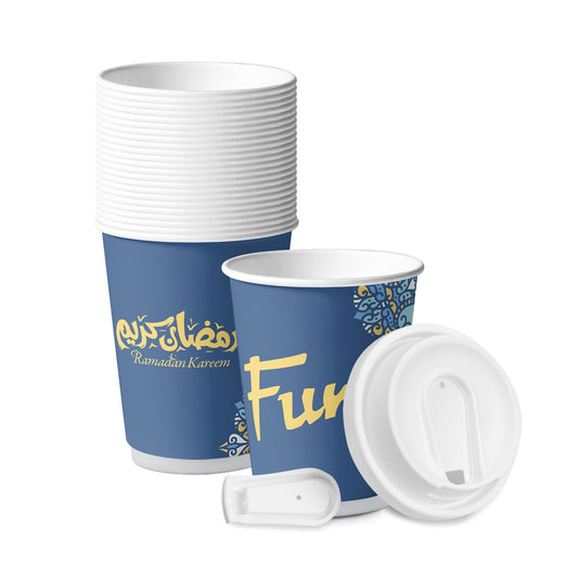A stack of blue disposable cups with white HD plastic lids, decorated with Ramadan-themed prints.