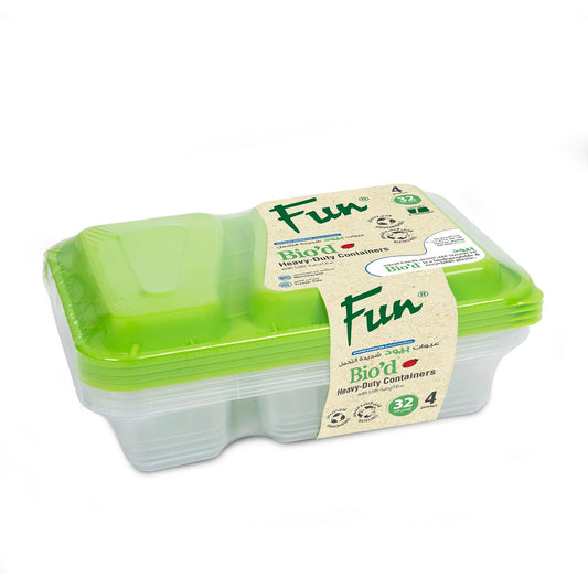 Fun® Bio'd Clear Rectangle 2-Compartment Containers 32oz with Green Lids [4pcs x 1pkt]
