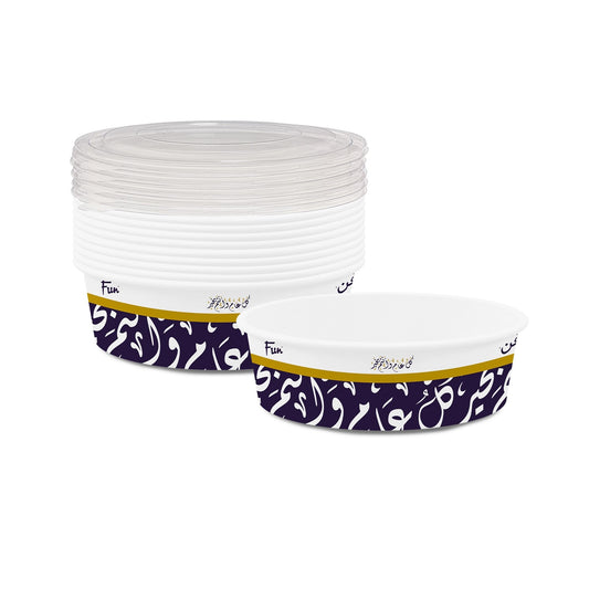 White kraft paper food containers with lids, featuring a blue and gold floral pattern on the exterior.