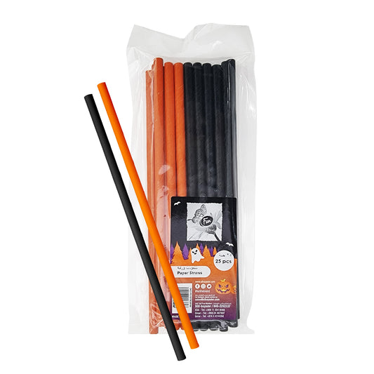 Fun® Paper Straight Straws 6x197mm Black & Orange - Halloween Design [25pcs x 1pkt]