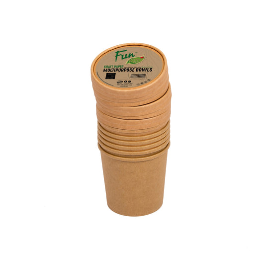 Fun® Kraft Paper Multipurpose Brown Containers with Brown Lids 26oz [6pcs x 1pkt]