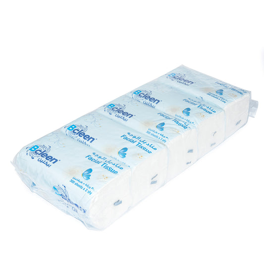 Bcleen® 2-Ply White Facial Tissue 20x20cm x 300 Sheets (Nylon pack-12.5gsm) [5pcs x 1pkt]