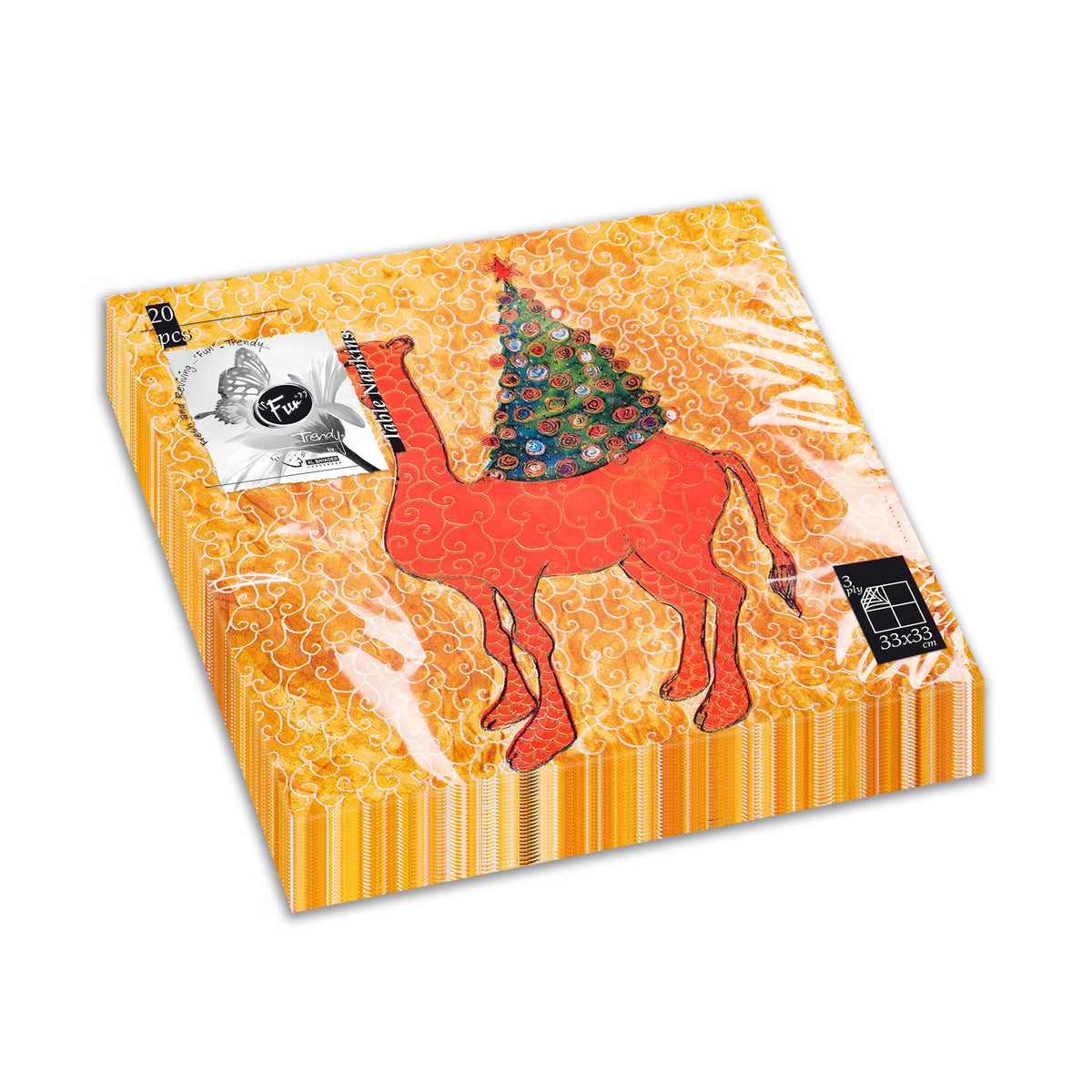 A pack of Fun 3-Ply Napkins with a Christmas Traveler print, featuring an orange and yellow striped background with a red reindeer and a Christmas tree.