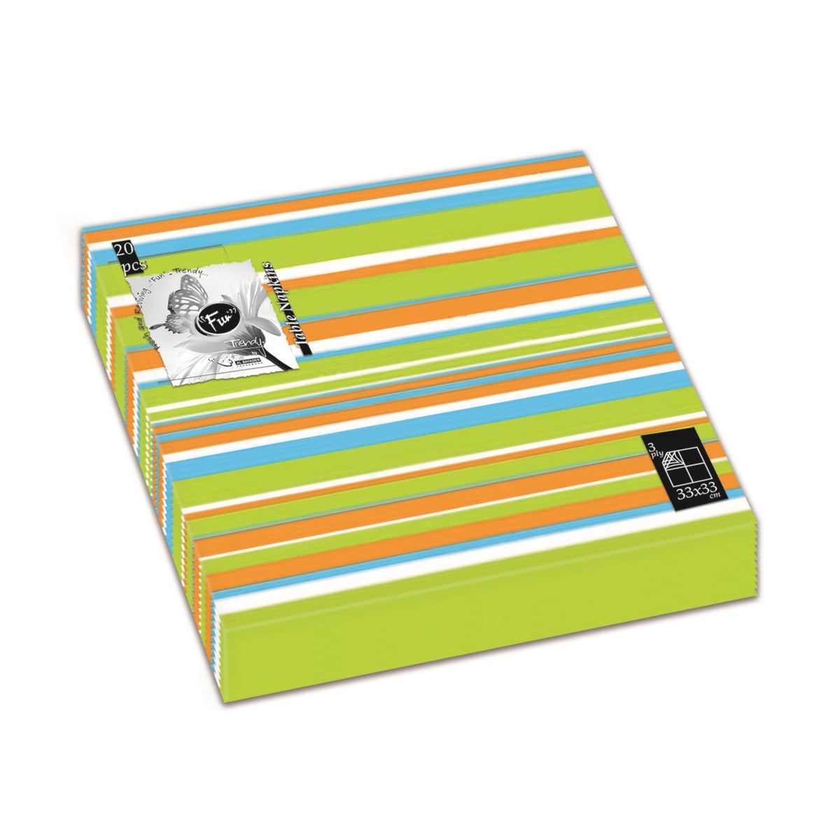 Fun Trendy 3-Ply Disposable Coloured Printed Paper Napkin Tissue 33x33cm - Evergreen Stripes - Pack of 20