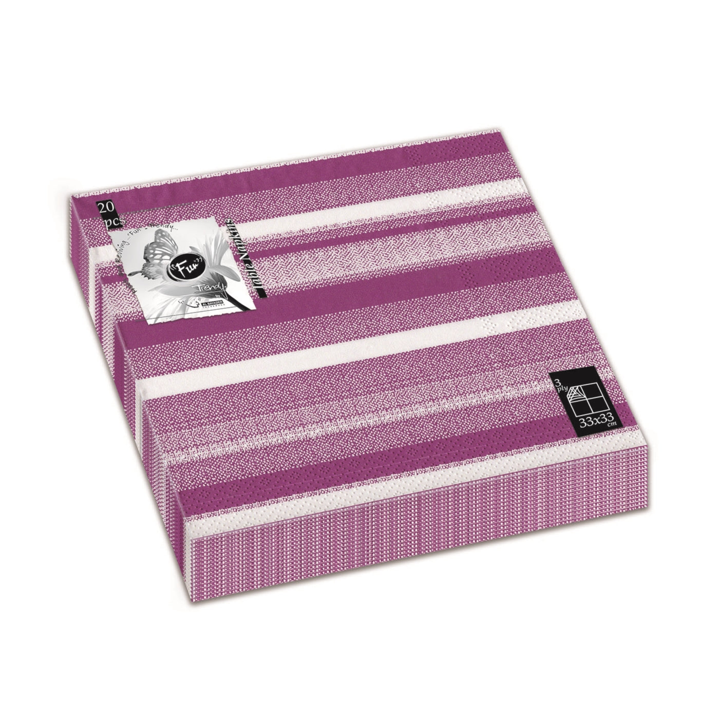 Fun® Trendy 3-Ply Disposable Coloured Printed Paper Napkin Tissue 33x33cm - Purple Stripes - Pack of 20