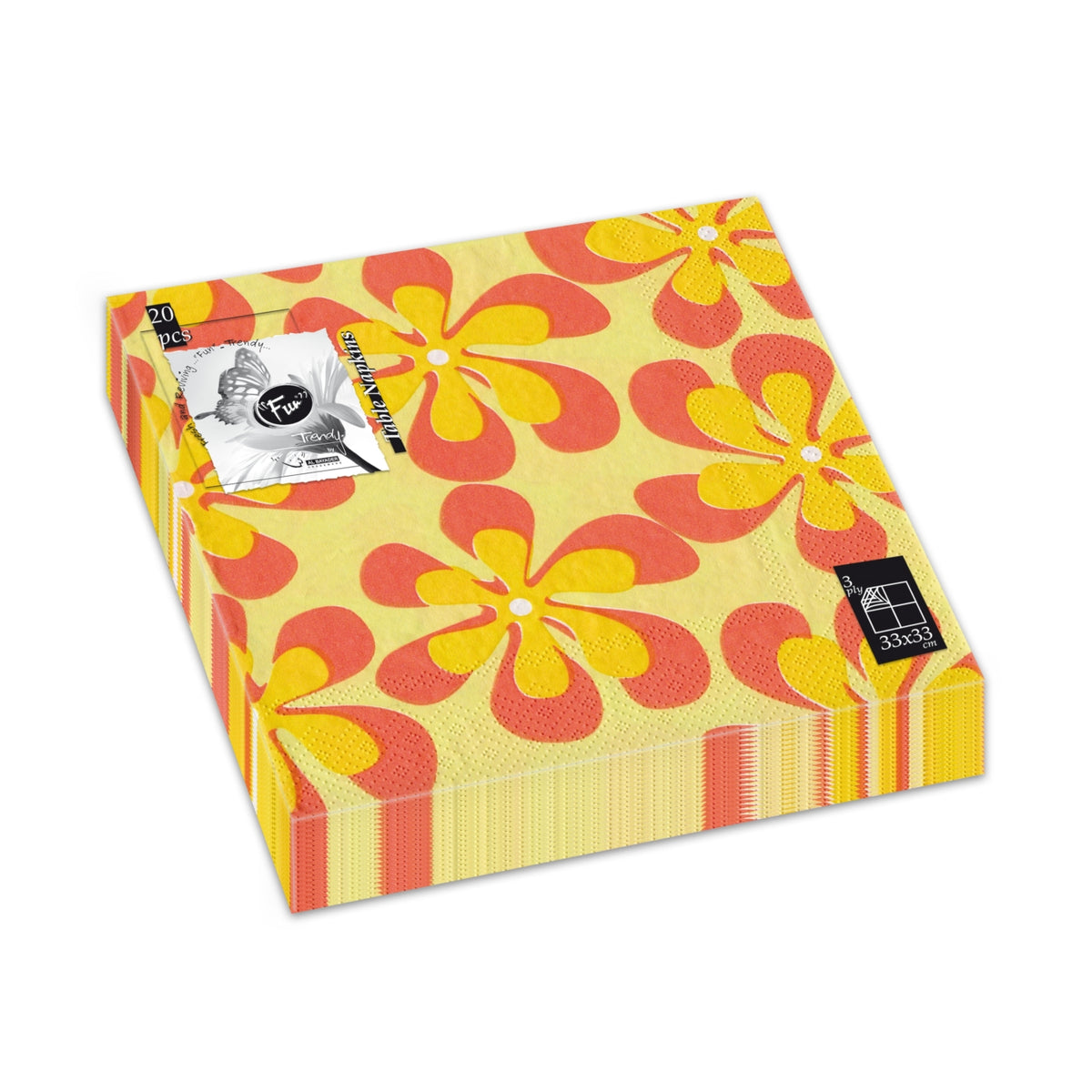 Fun Trendy 3-Ply Disposable Coloured Printed Paper Napkin Tissue 33x33cm - Orange Floral - Pack of 20