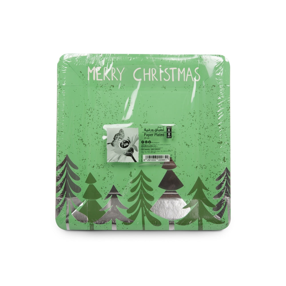 A pack of green square paper plates with a Christmas Evergreen design and the text 'Merry Christmas' printed on them.