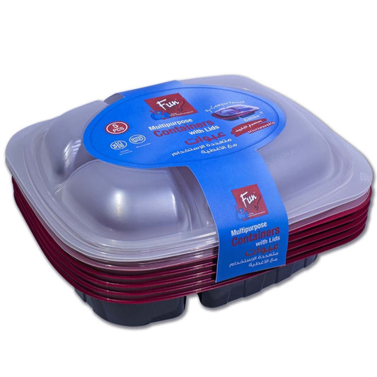 Fun® Hot Multipurpose 3-Comp. Black and Red Containers with Lids [5pcs x 1pkt]