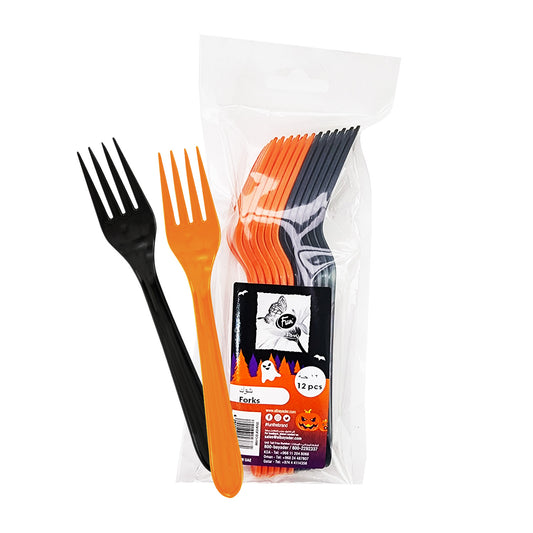 Fun® Heavy Duty Black & Orange Plastic Forks 6.8in - Halloween Design [12pcs x 1pkt]