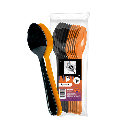 Fun® Heavy Duty Black & Orange Plastic Spoons 6.5in - Halloween Design [12pcs x 1pkt]