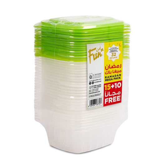Fun Ramadan Mega Pack 32oz Easy Pack Multipurpose Containers + Lid 25pcs [15+10FREE]
