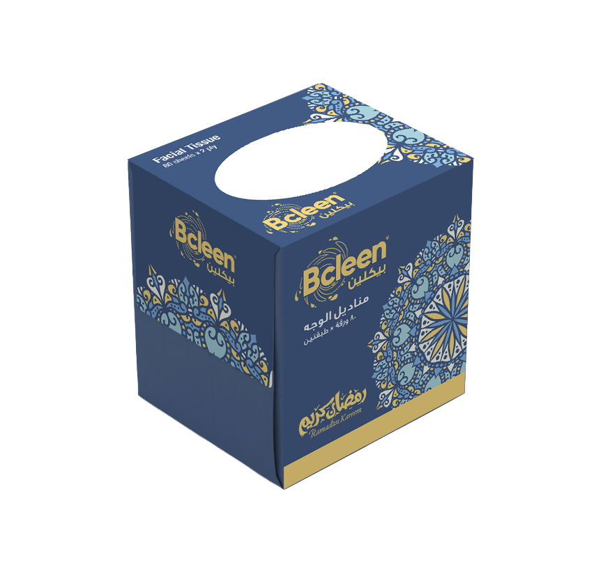 Bcleen 2-Ply White Facial Tissue 20x20cm - Ramadan Kareem Blue [80 Sheets x 1pkt]